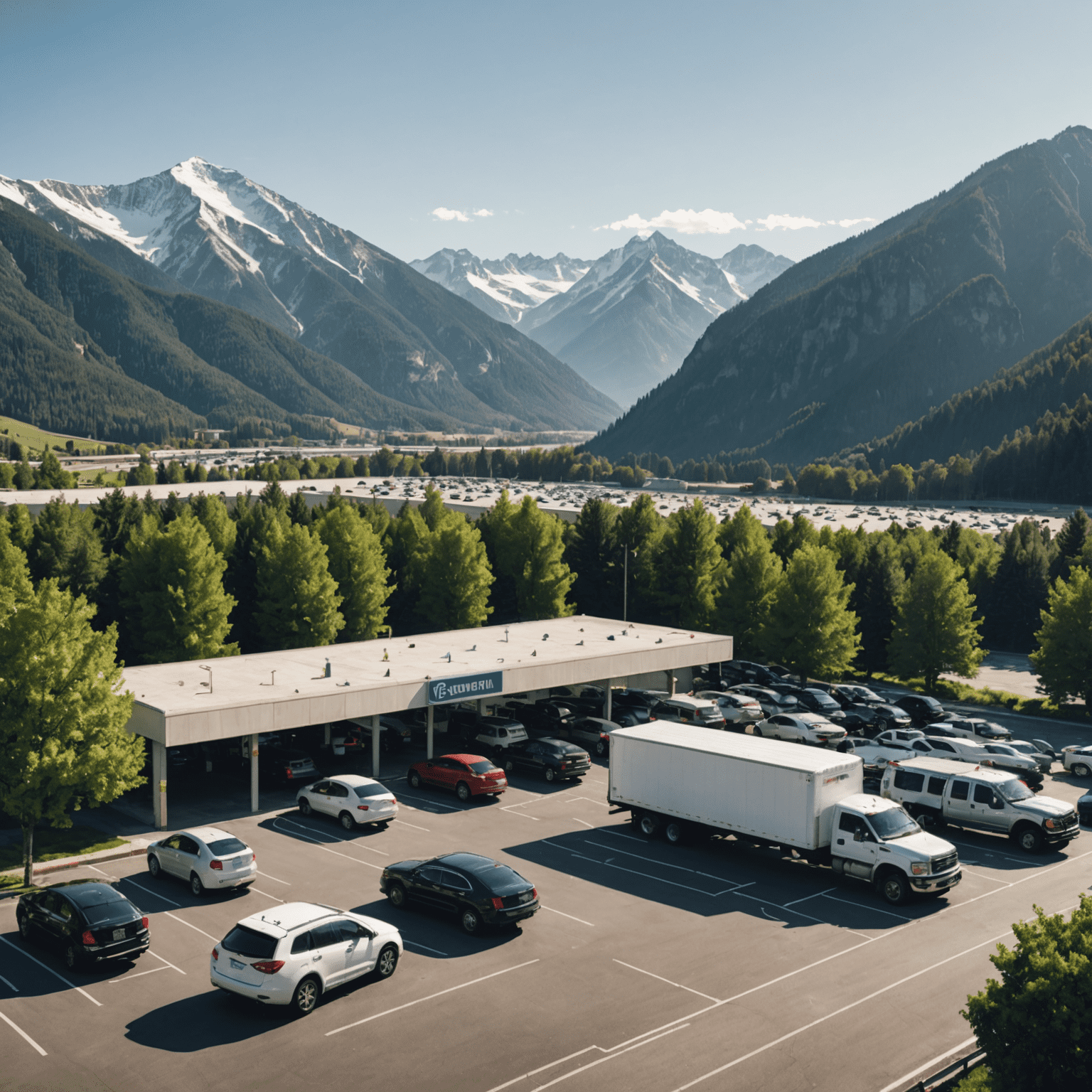 Ein großer, gut beleuchteter und bewachter Parkplatz an einer Autobahn mit parkenden Autos und LKWs. Im Hintergrund sind Bäume und Berge zu sehen.