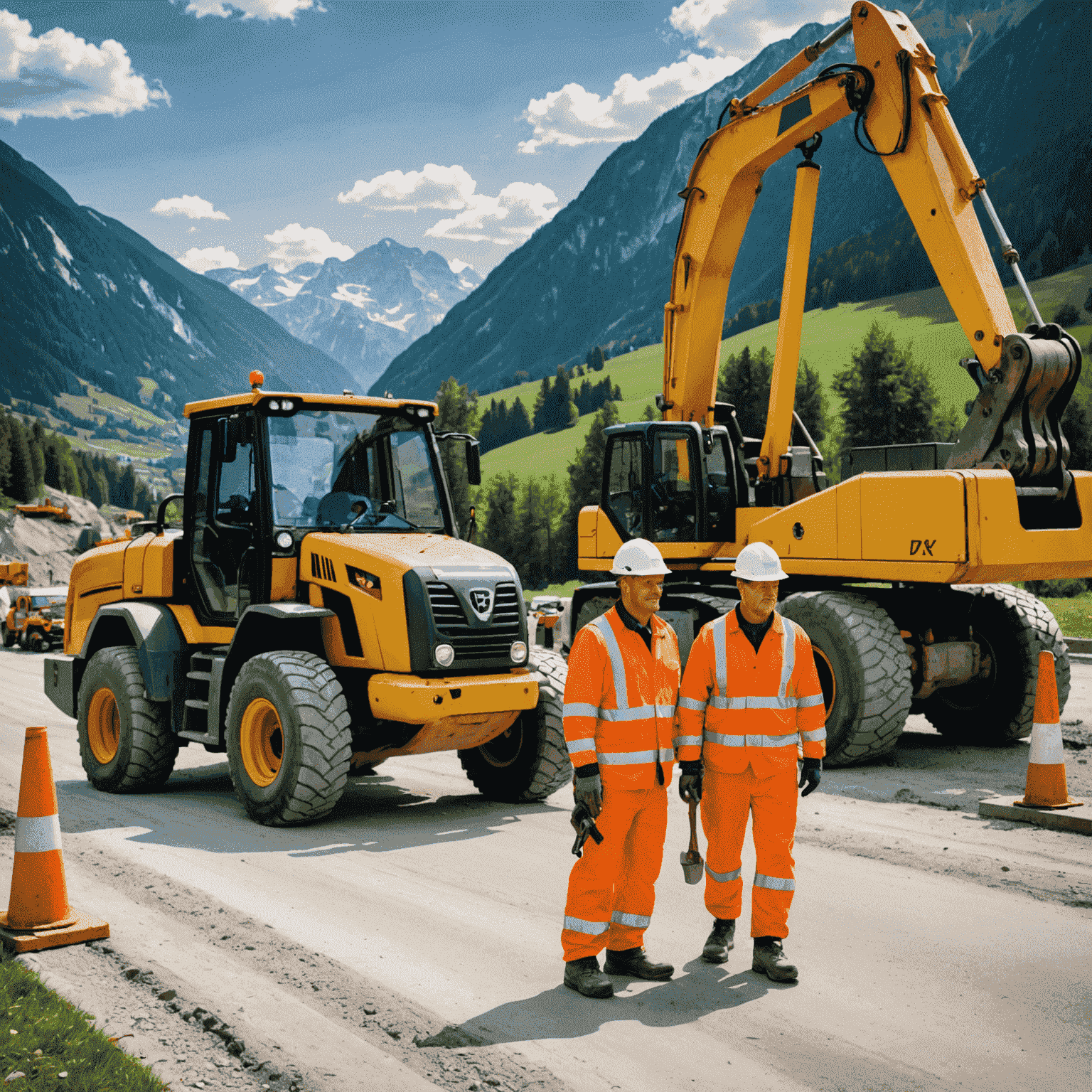 Bauarbeiter bei der Arbeit an einer Straße in Österreich, mit schwerem Gerät und Sicherheitsausrüstung