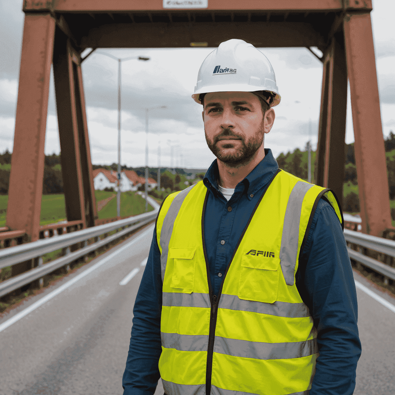 Asfinag-Mitarbeiter bei der Inspektion einer Brücke in Deutschland, mit Schutzhelm und Warnweste