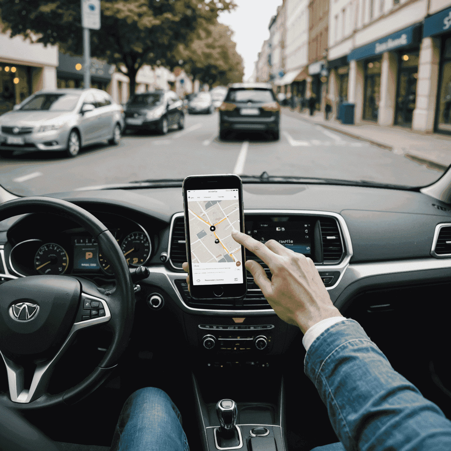 Eine Person bucht einen Parkplatz über ihr Smartphone, während sie in ihrem Auto sitzt.